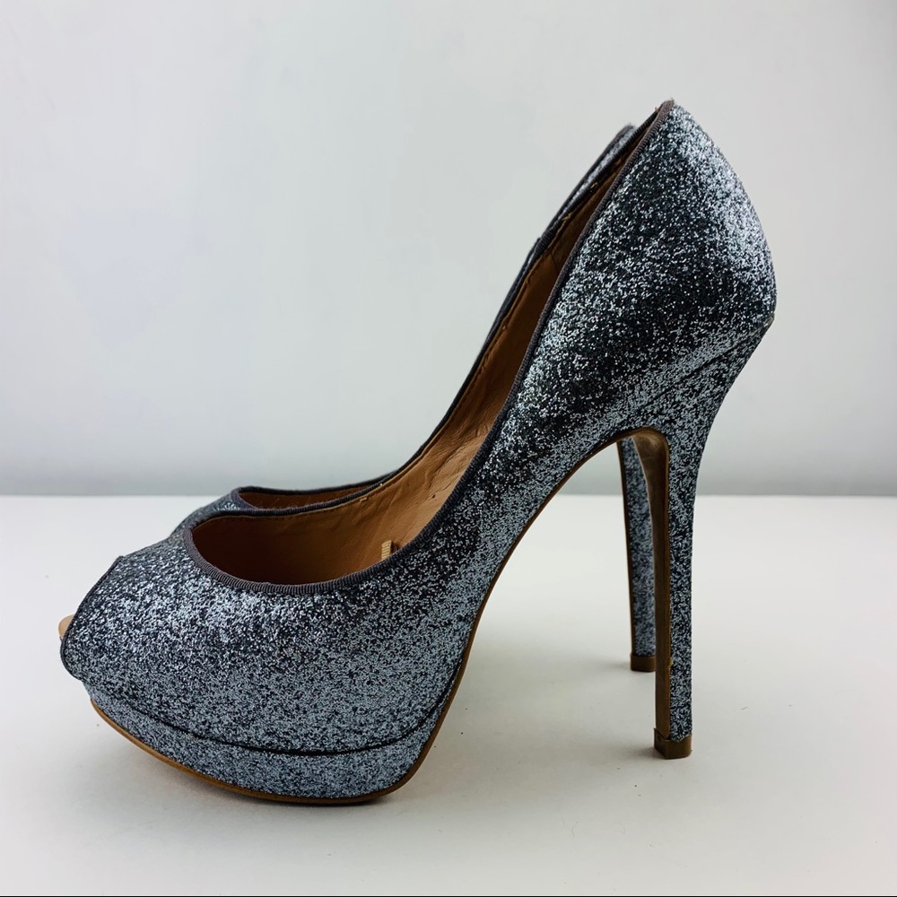 Zara Pewter Glitter Peep Toe High Heels Women’s 38